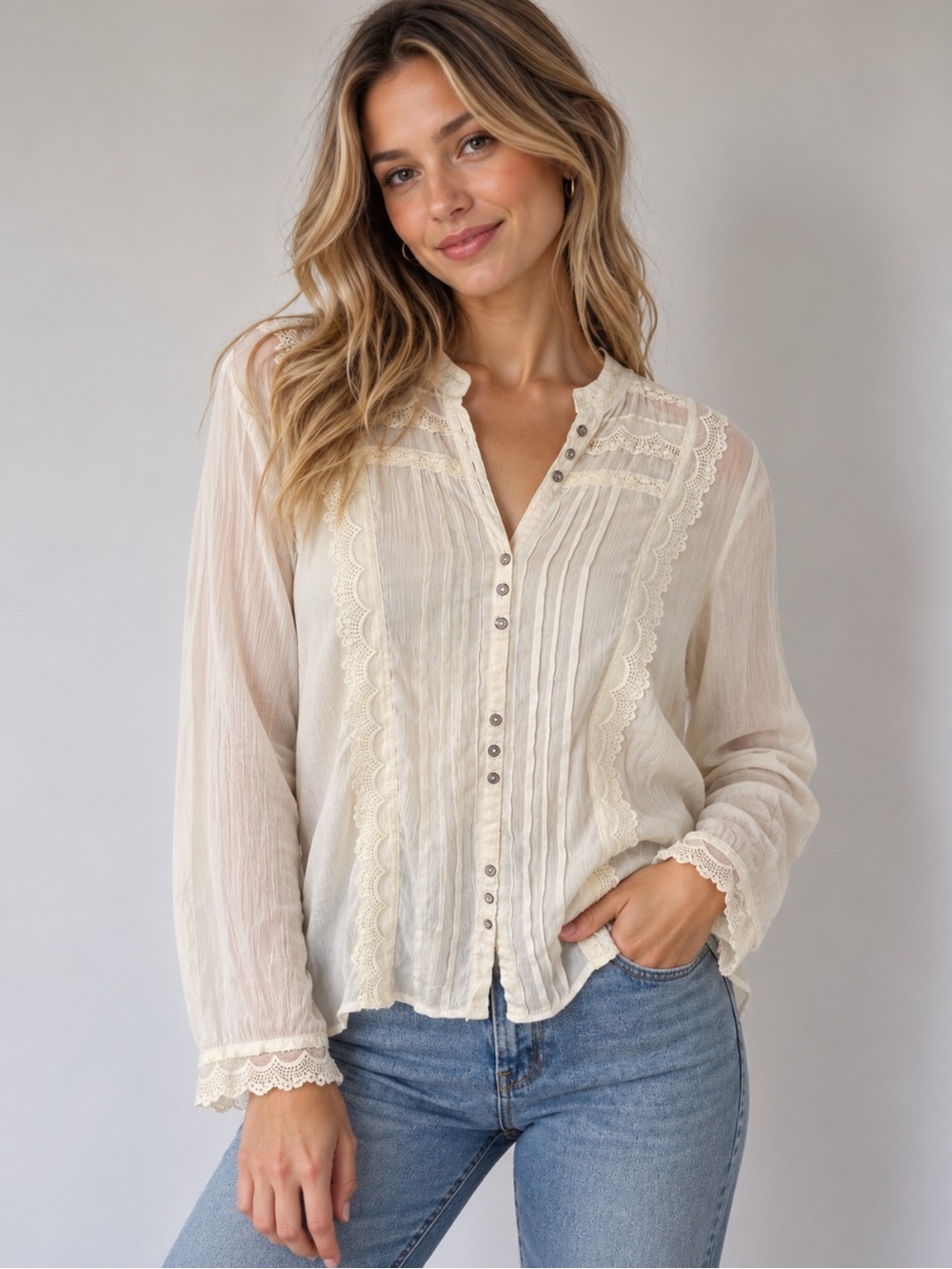 White Stag Ivory Lace Blouse Size M Sheer Pintuck Cottagecore Boho Romantic Top